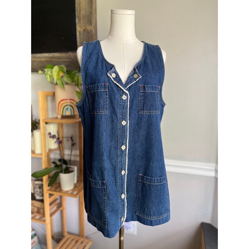 Vintage 90s Denim Dress Button Front Short Dark Wash Cotton Size Medium